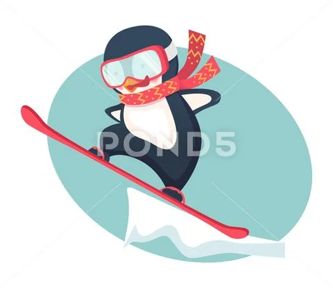 Penguin snowboarder at jump Stock Illustration
