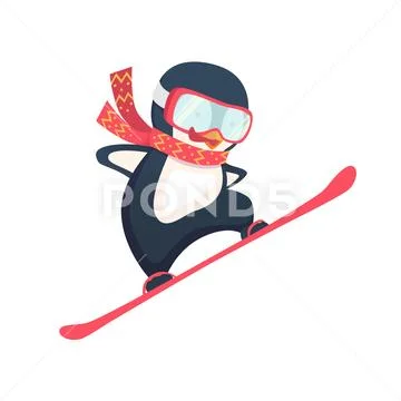 Penguin snowboarder at jump Stock Illustration