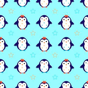 Penguin snowflake seamless pattern vector Stock Illustration