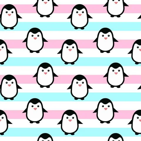 Penguin specimen. Cute characters, repeating pattern. Pastel colors, solid Stock Illustration