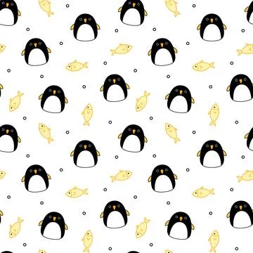 Penguins and fish on seamless pattern. Squishmallow. Background with penguins Stock Illustration