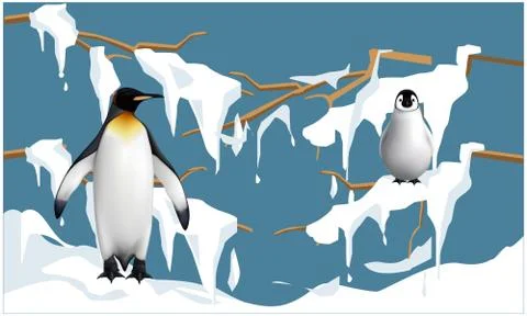 Penguins are on tree stems in snow and enjoying Illustrazione stock