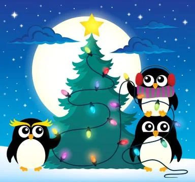 Penguins around Christmas tree theme Illustrazione stock