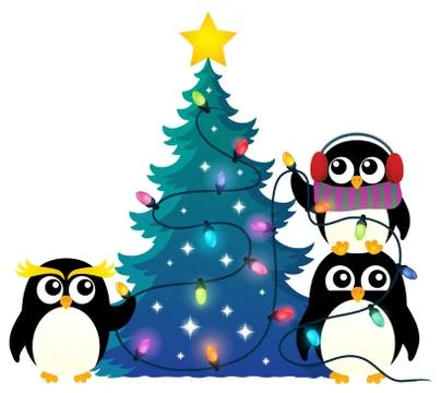 Penguins around Christmas tree theme Illustrazione stock