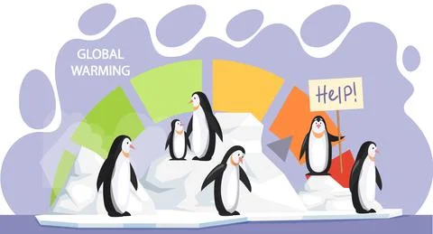 Penguins ask for help due to climate change on background of scale with Stock Illustration