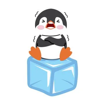 Penguins cold sitting on ice cube Stock Illustration