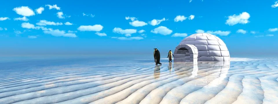 Penguins coming out of an igloo Stock Illustration