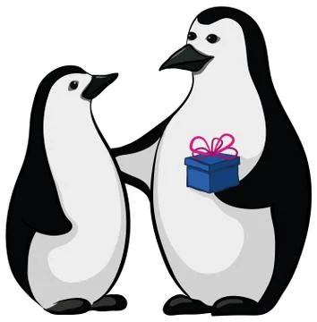 Penguins with a gift box Stock Illustration