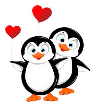 Penguins with heart balloons Stock Illustration