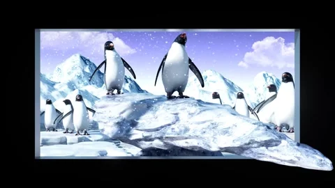 Penguins on Ice Cliff Breaking Through Screen 3D Naked-Eye Polar Background 库存影片 331971195