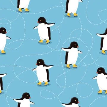 Penguins on Ice-skates Seamless Pattern Vector Stock Illustration