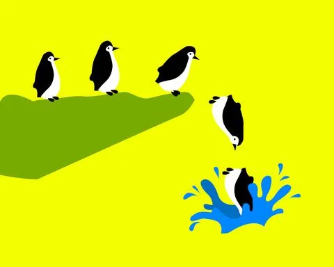 Penguins jumping into the water - vector illustration Stock Illustration