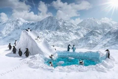 Penguins playing on slide and in pool Stock Illustration