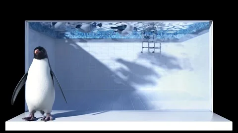 Penguins in Pool Breaking Through Screen 3D Naked-Eye Pet Background 動画素材 331971770
