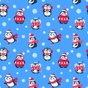 Penguins seamless pattern. Cute christmas package with funny baby penguin Stock Illustration