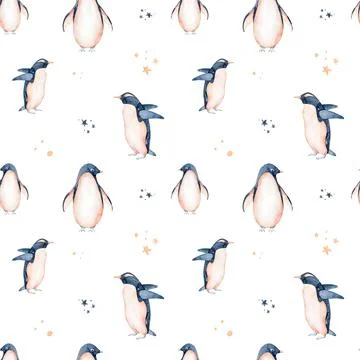 Penguins seamless pattern. Wave,fish,snowflakes. Watercolor hand drawn Stock Illustration