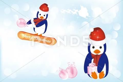 Penguins in snow at christmas Stock Illustration