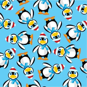 Penguins on turn blue background Stock Illustration