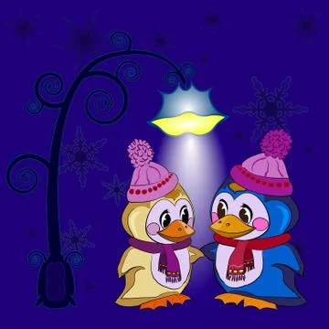Penguins winter evening Stock Illustration