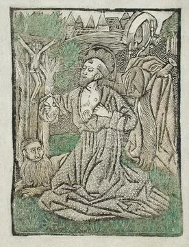 The Penitence of Saint Jerome. Germany, circa 1465. Prints. Hand-colored do.. Stock Illustration