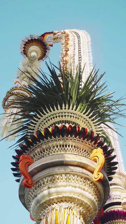 Penjor Base Close-Up with Black Red Disc and Orange Scroll, Bali 4K Video stock 342384410