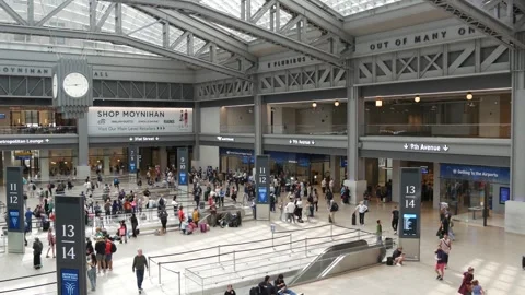 Penn Station Moynihan Train Hall, Manhattan Midtown, New York City, USA. Crowd Stock Footage 333095323