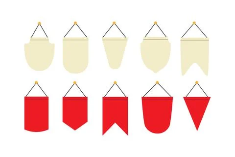 Pennant Template Hanging on Wall Set. Random empty pennants flags poster mockup Stock Illustration