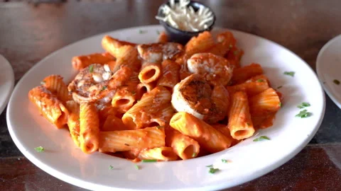 Penne alla vodka  with shrimp Stock Footage 131919189