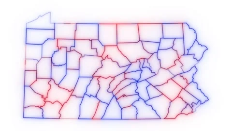 Pennsylvania county map red blue election outline white background seamless loop Stock Footage 343868075
