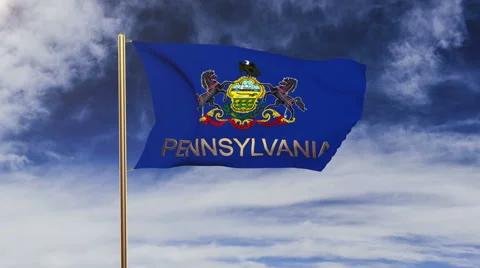 Pennsylvania flag with title waving in the wind. Looping sun rises style Stock Footage 48198178