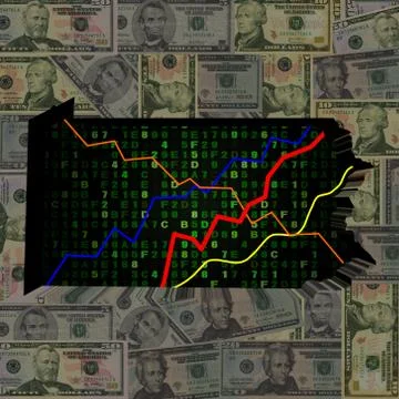 Pennsylvania map with hex code and graphs on dollars illustration Stock Illustration