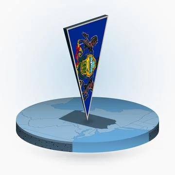 Pennsylvania map in round isometric style with triangular 3D flag of US Sta.. Stock Illustration