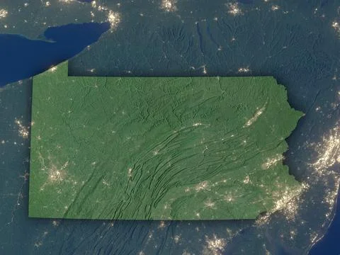 Pennsylvania on a night map with state borders and city lights Illustrazione stock