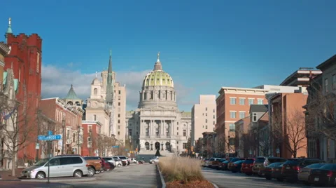 Pennsylvania State Capital Building From Front Street - Harrisburg, PA Stock Footage