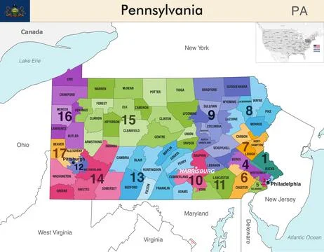 Pennsylvania state map with counties borders and congressional districts Illustrazione stock
