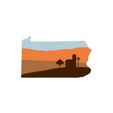 Pennsylvania State Shape with Farm at Sunset w Windmill, Barn, and a Tree Stock Illustration
