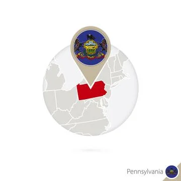 Pennsylvania US State map and flag in circle. Map of Pennsylvania, Pennsylv.. Stock Illustration