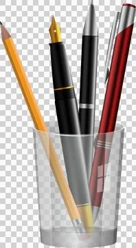 Pens and a pencil sit in a clear glass holder, ready for writing or drawing.. イラスト素材
