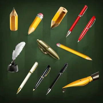 Pens and pencils, set vector icons Stock Illustration
