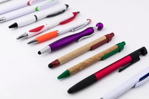 Pens made of different materials and colors with different styles and designs Stock Photos