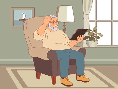 Pensioner studies tablet operation. Senior uses gadget in room, elderly man Stock Illustration