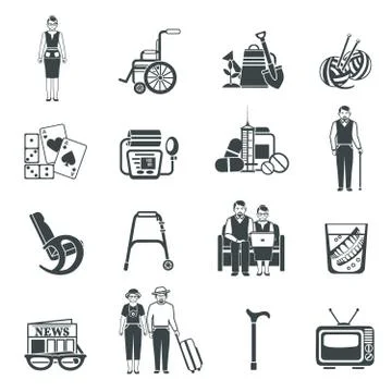 Pensioners Life Black White Icons Set Stock Illustration