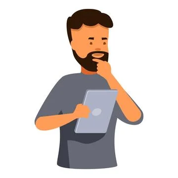 Pensive bearded man using tablet and thinking deeply Stock Illustration