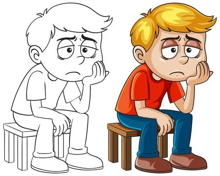 Pensive Boy Sitting on a Stool Illustration Illustrazione stock