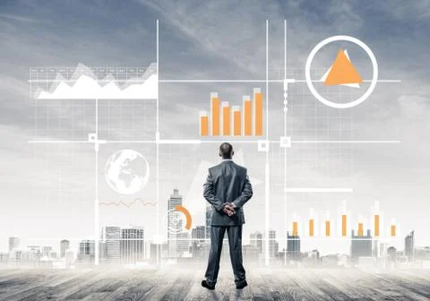 Pensive businessman looking at user interface against modern cit Stock Photos