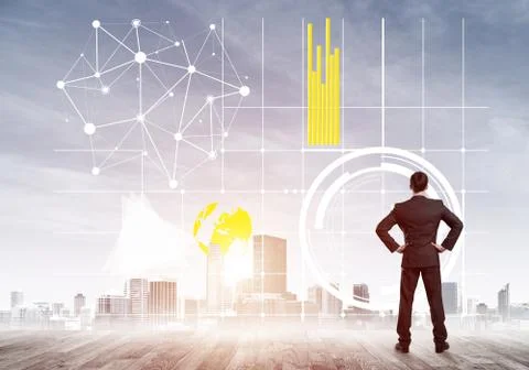 Pensive businessman looking at user interface against modern city background 写真素材