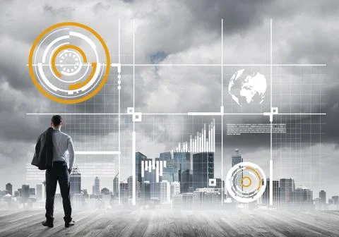 Pensive businessman looking at user interface against modern city background Stock Photos
