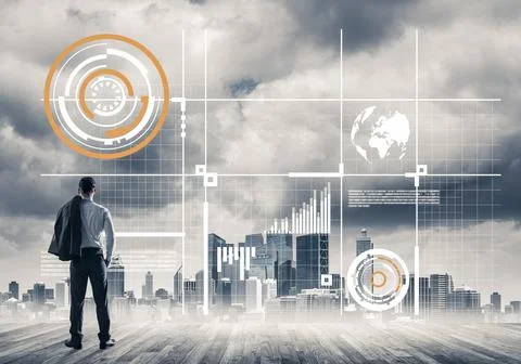 Pensive businessman looking at user interface against modern city background Foto stock