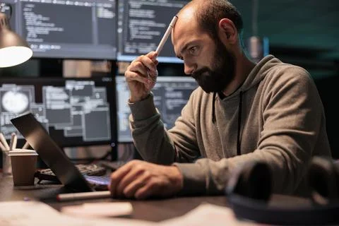 Pensive coder brainstorming ideas to find source code 스톡 사진