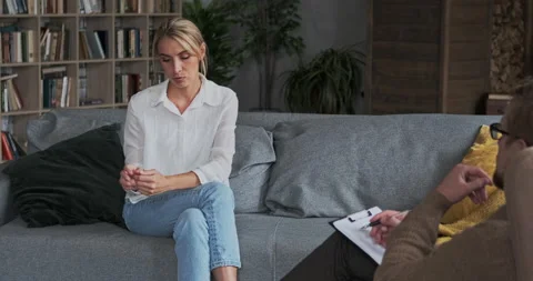 Pensive female talking problem psychological worried nervous symptom meeting Stock Footage 165872422